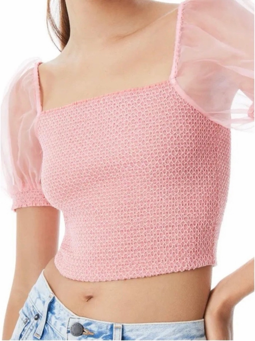 Alice + Olivia M Womens Eliana Silk Crop Top Gathered Stretch Sheer Puff Sleeve